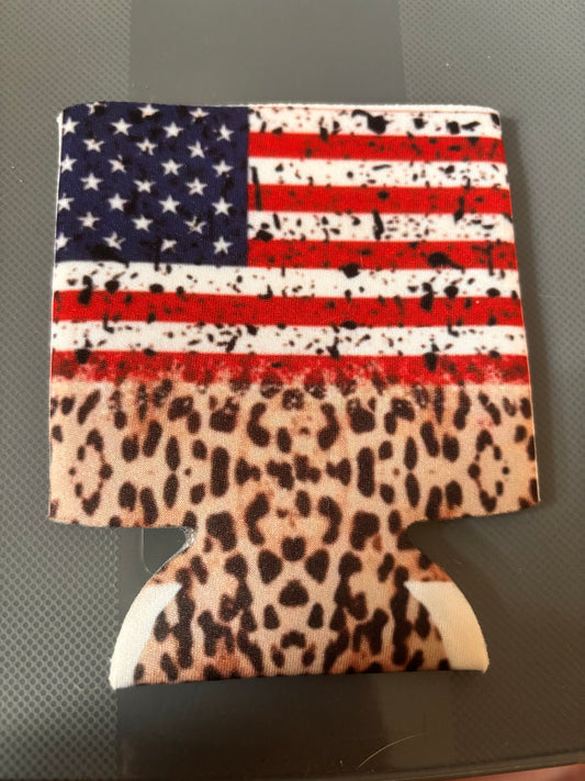 American flag with cheetah print Can Koozie