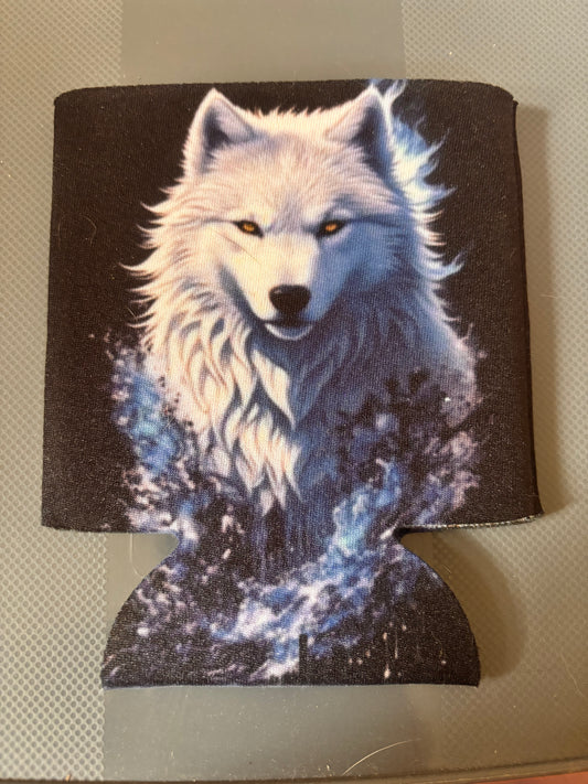 Wolf with black background Can Koozie