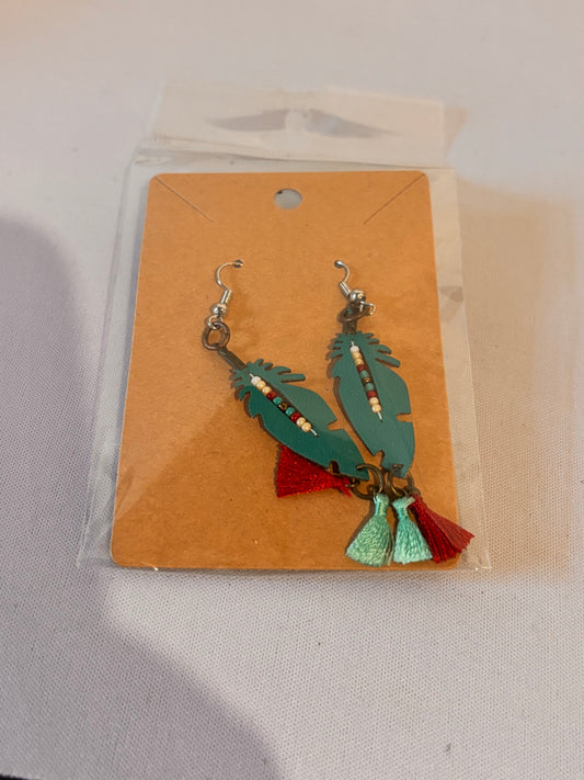 Teal feather earrings