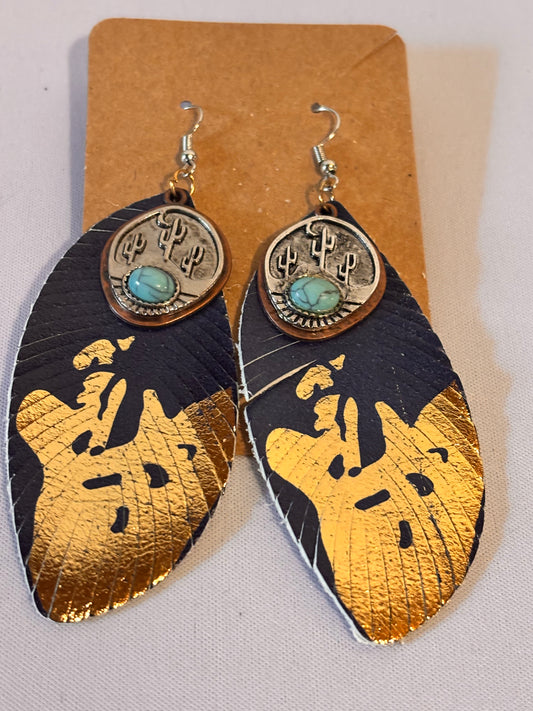 Blue and Gold Leather Feather with charm earrings