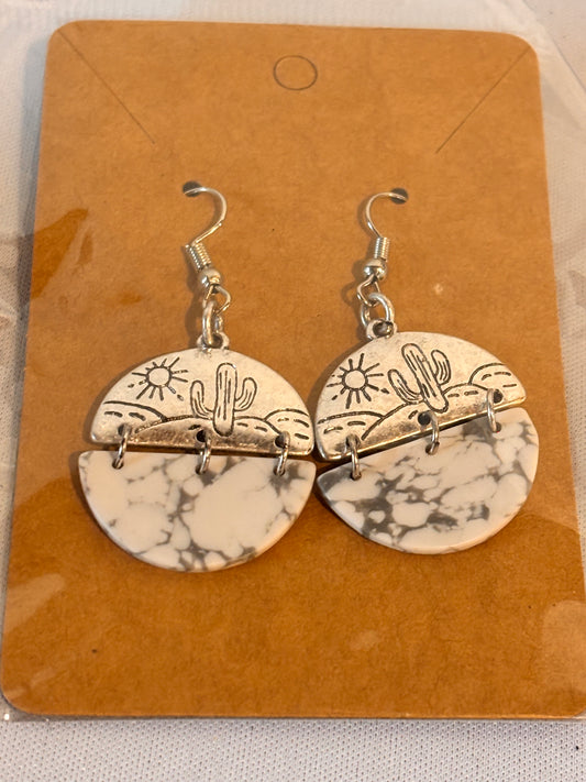 White Stone Turquoise western with cactus earrings