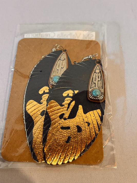 Blue and Gold Leather Feathers with Charm Earrings