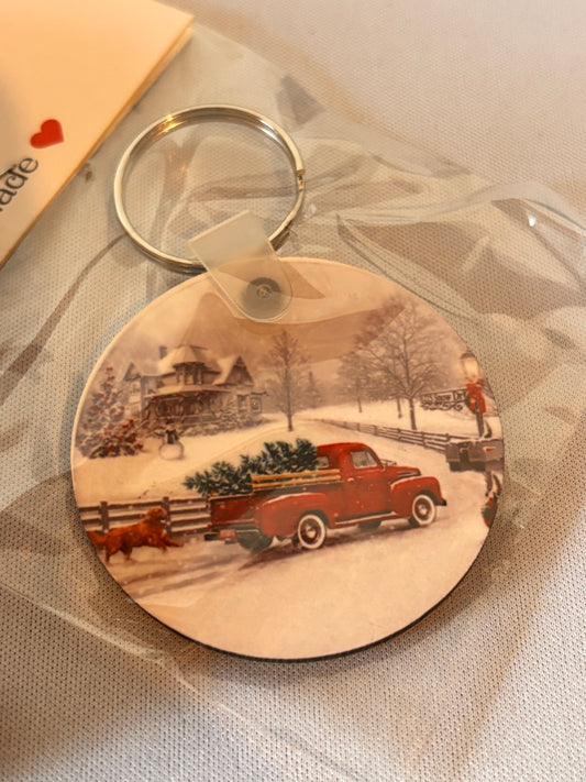 Red Truck and Christmas tree Sublimation Keychain