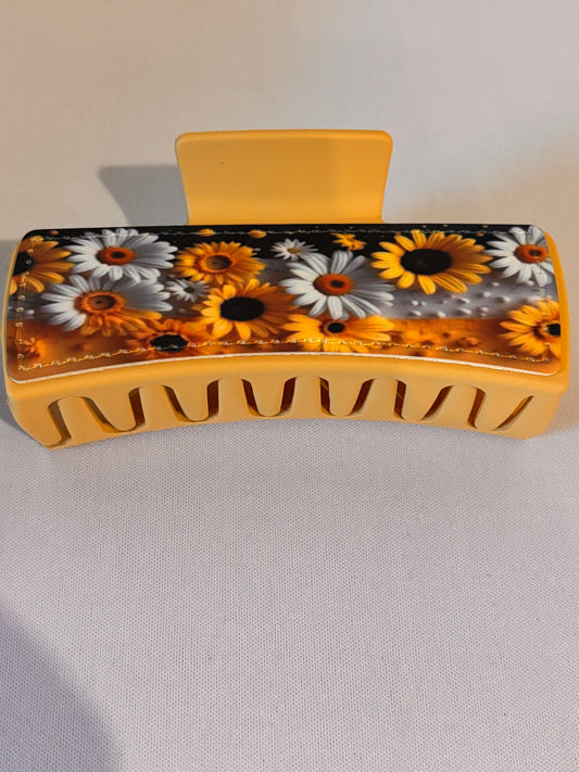 White and Yellow Flowers with stripes Sublimation Hairclip