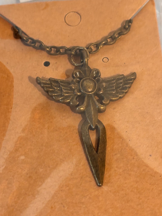 Bronze Cross with Wings Necklace