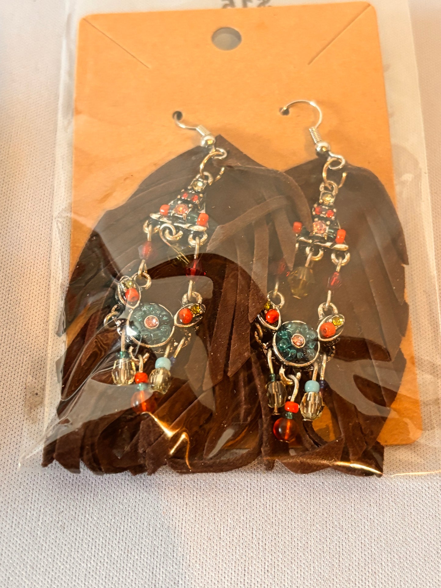 Leather Feather with Colored Charm Earrings