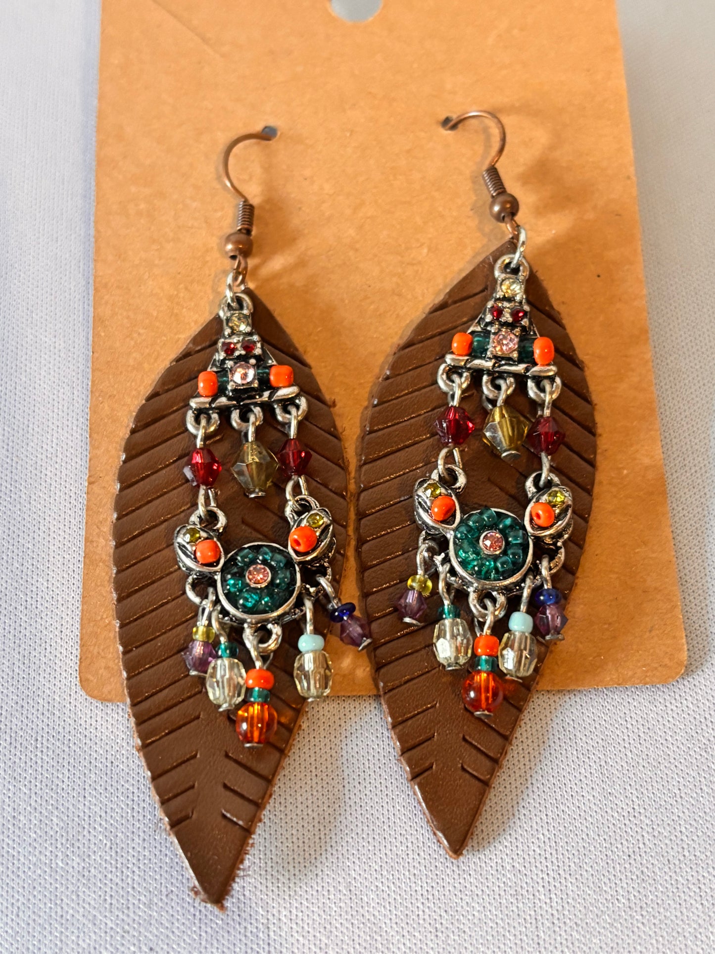 Leather Feathers with multi colored charm earrings