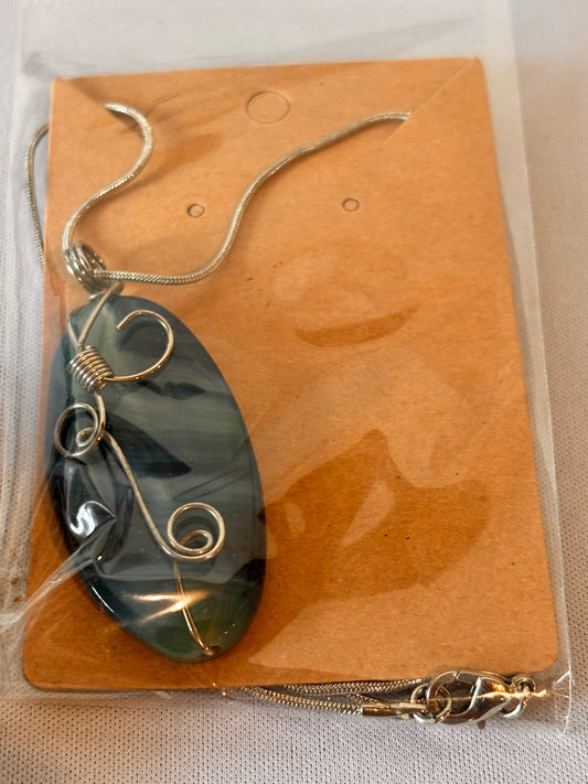 Blue Stone with Wire Spirals Necklace